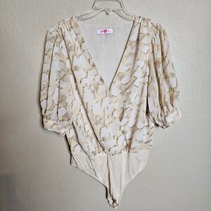 Buddy Love Gold Sparkle Abstract Print Puff Sleeve V Neck Bodysuit Top Large